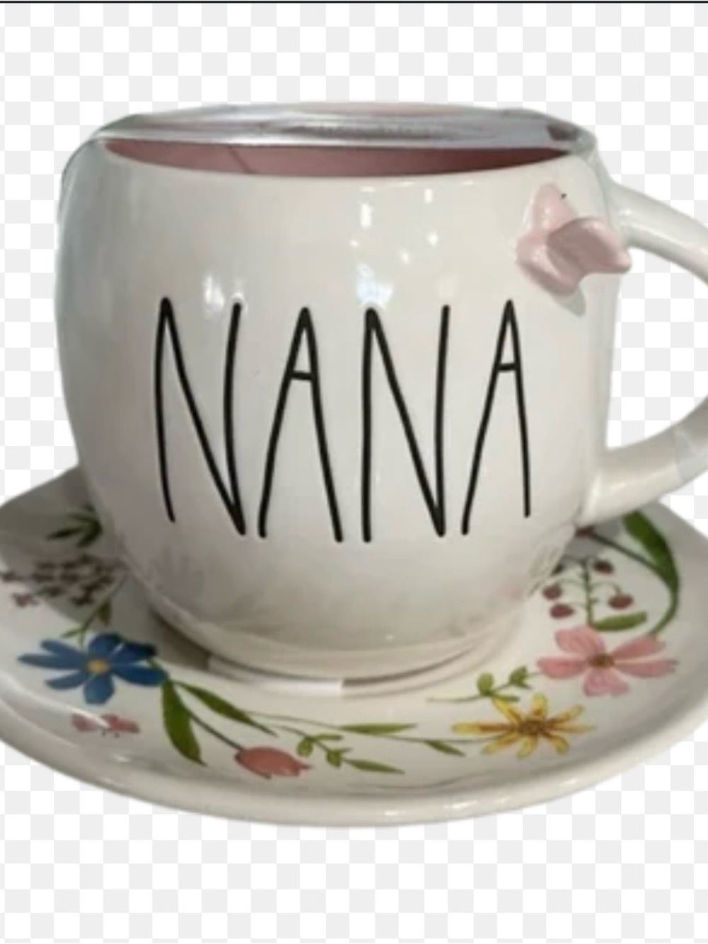 BRAND NEW- Rae Dunn NANA White Ceramic Mug and Floral Saucer Set